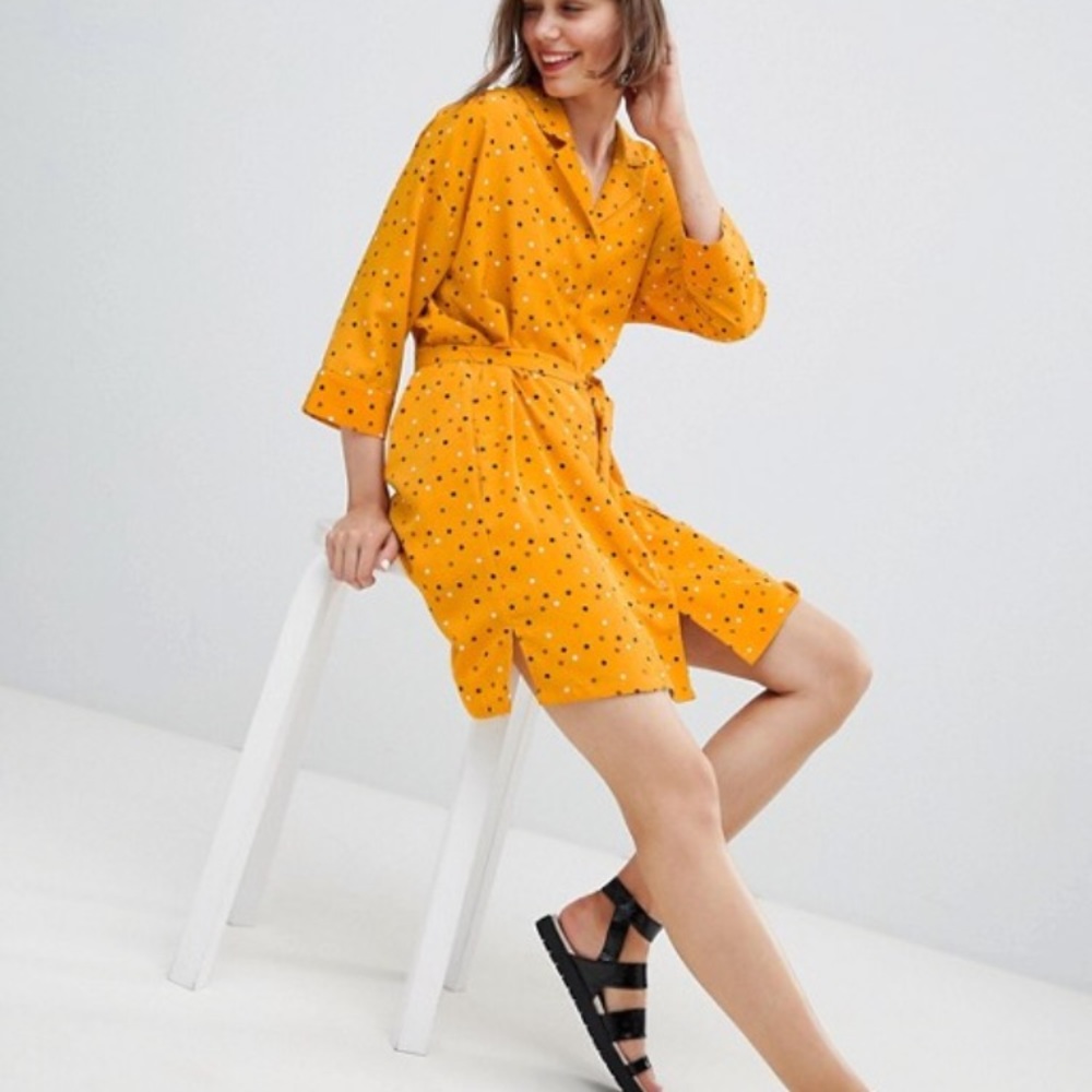 NWT💛Polka Dot Mini Shirt Dress In Yellow